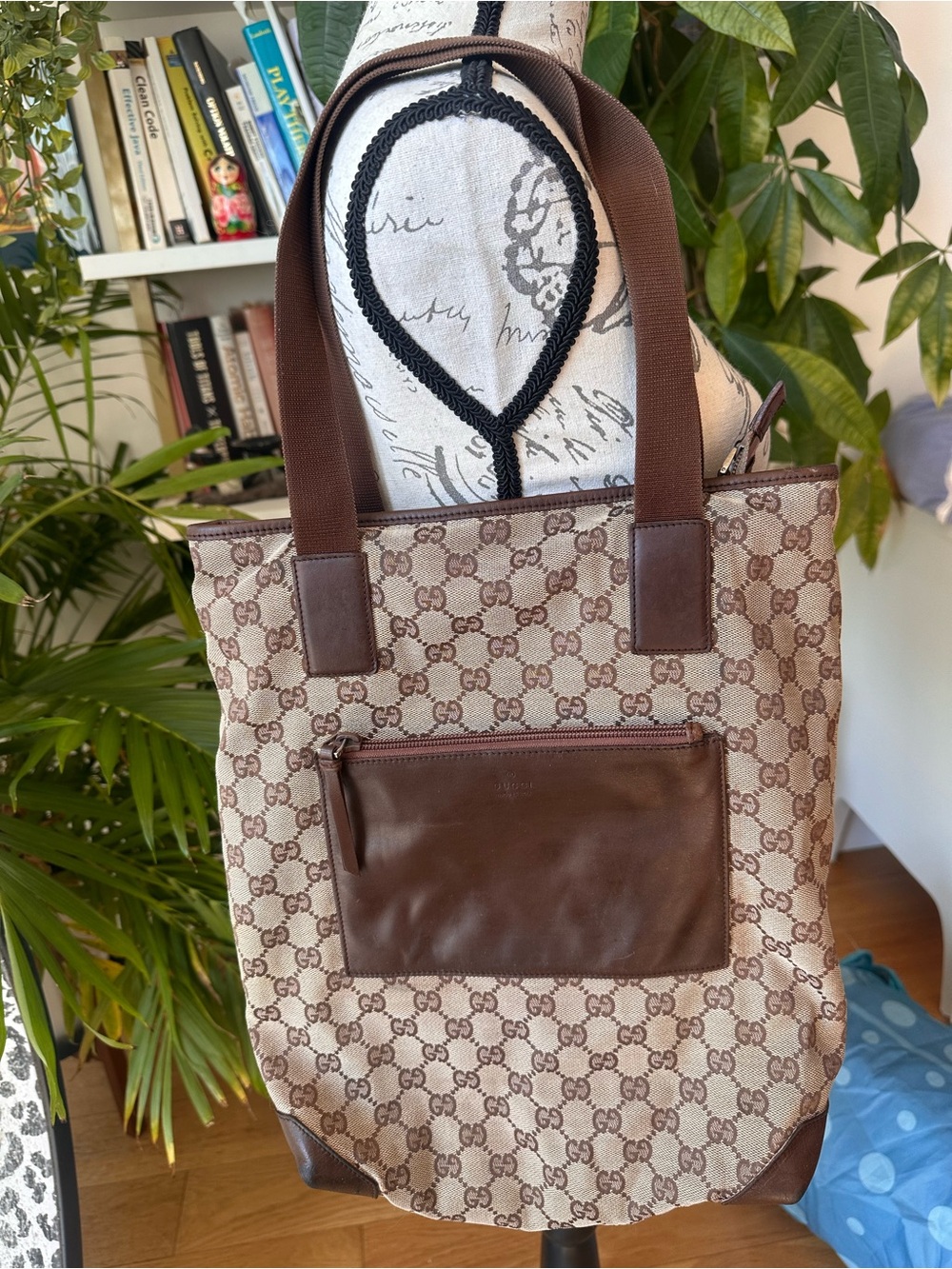 Vintage Gucci Brown GG Canvas Tote with Leather Pocket